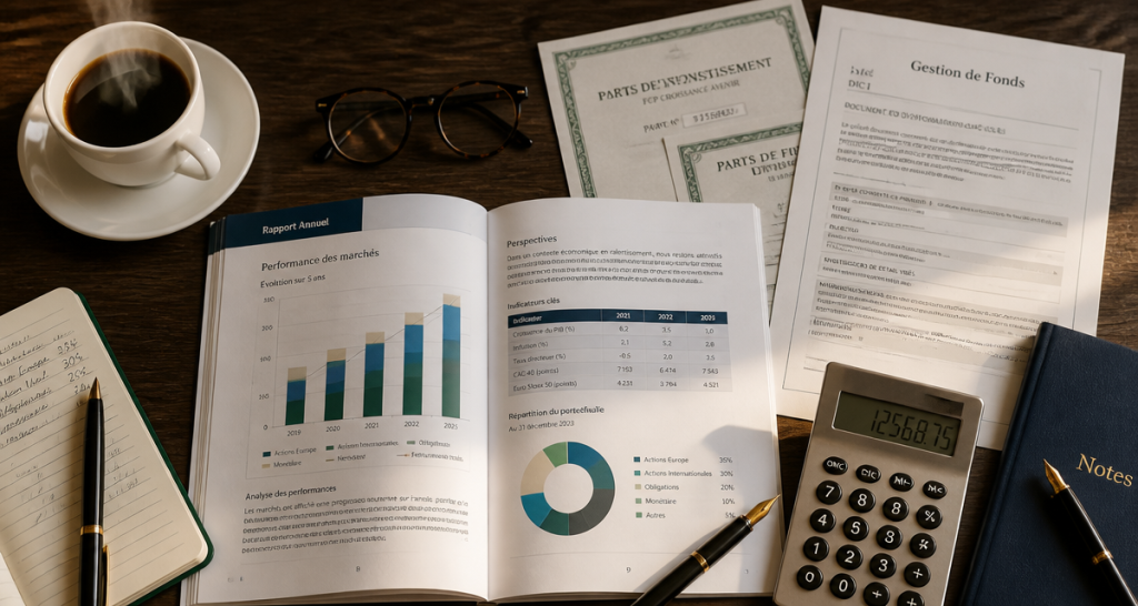 gestion de fonds, table avec documents financiers et graphiques