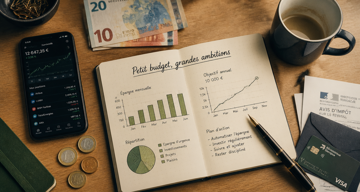 investir en bourse petit budget, bureau avec smartphone et carnet