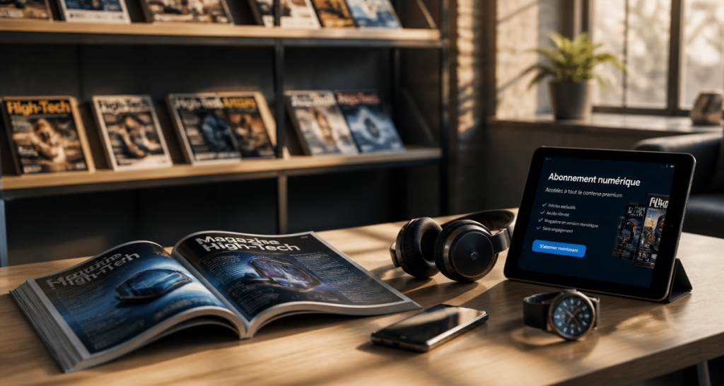 magazine high tech sur table avec smartphone et accessoires