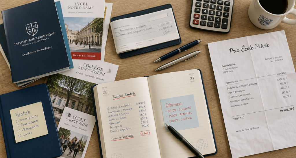 bureau avec facture prix ecole privé et calculatrice