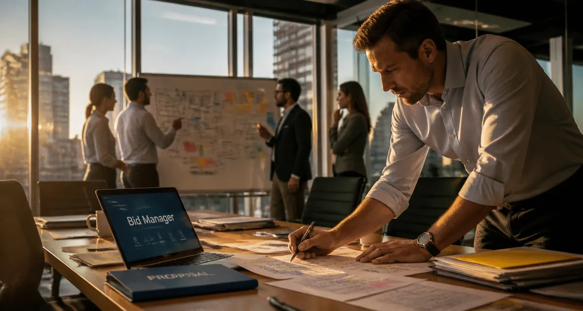 bid manager analysant des dossiers en salle de réunion