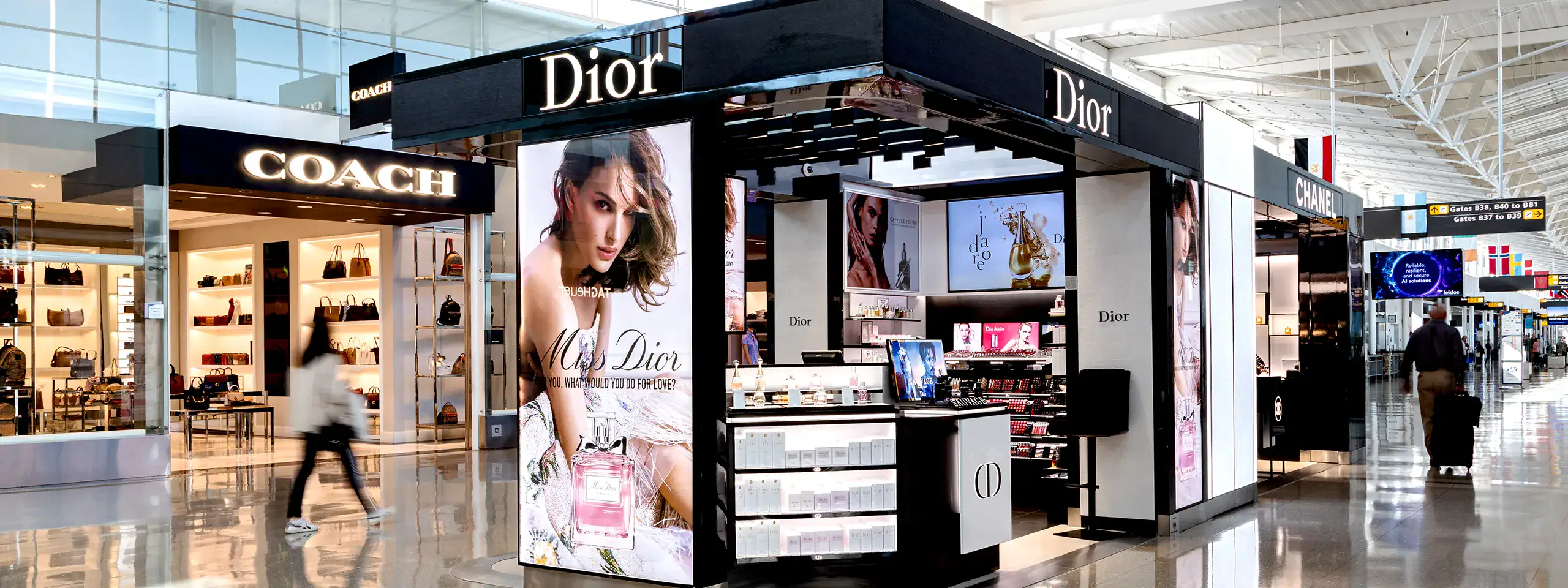 Beauty brand vendors at Washington Dulles International Airport (View from side)