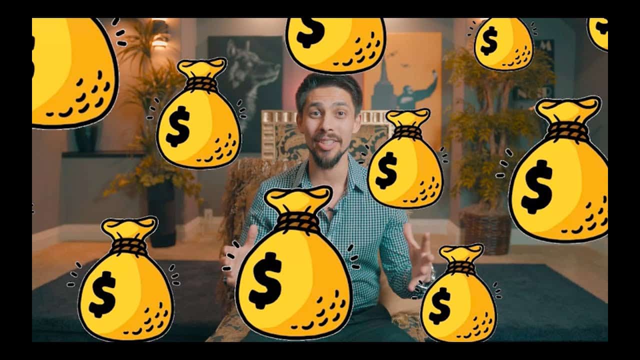 Money bags overlay in front of smiling man promoting real estate investment in Edmonton.