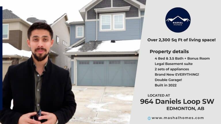 Modern Edmonton home front exterior with blue siding and double garage.