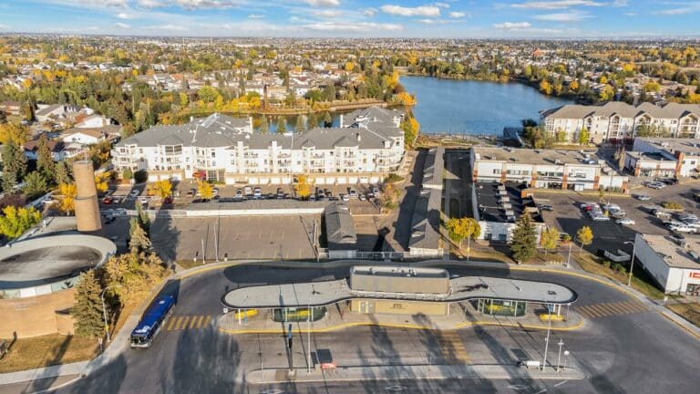 Modern apartment complex with a river view in Edmonton, Alberta.