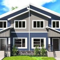 Modern gray and white duplex home in Edmonton with attractive landscaping and contemporary design.