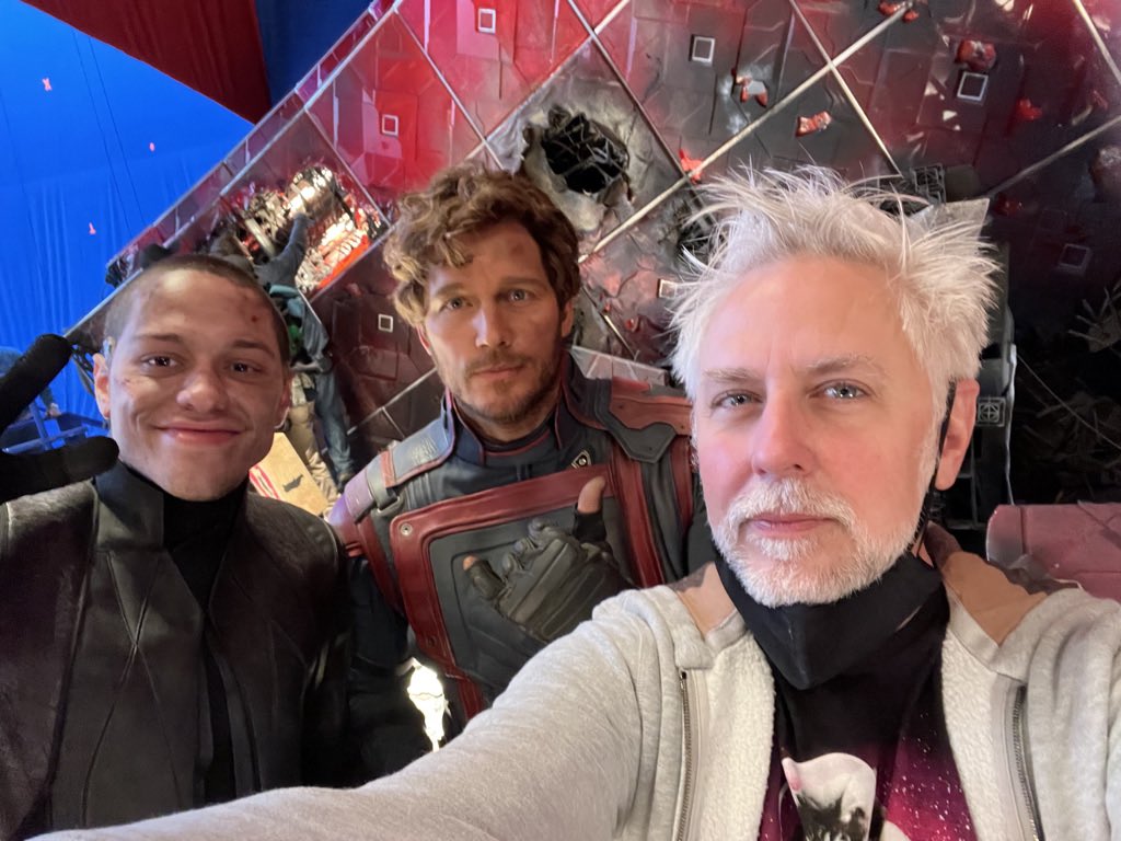 Pete Davidson, Chris Pratt, and James Gunn on the set of 'Guardians of the Galaxy Vol. 3'