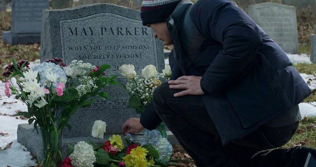 New set images from Marvel's Spider-Man: Brand New Day show Tom Holland's Peter Parker delivering flowers to Aunt May’s grave, filmed at Brookwood Cemetery in Surrey, London.