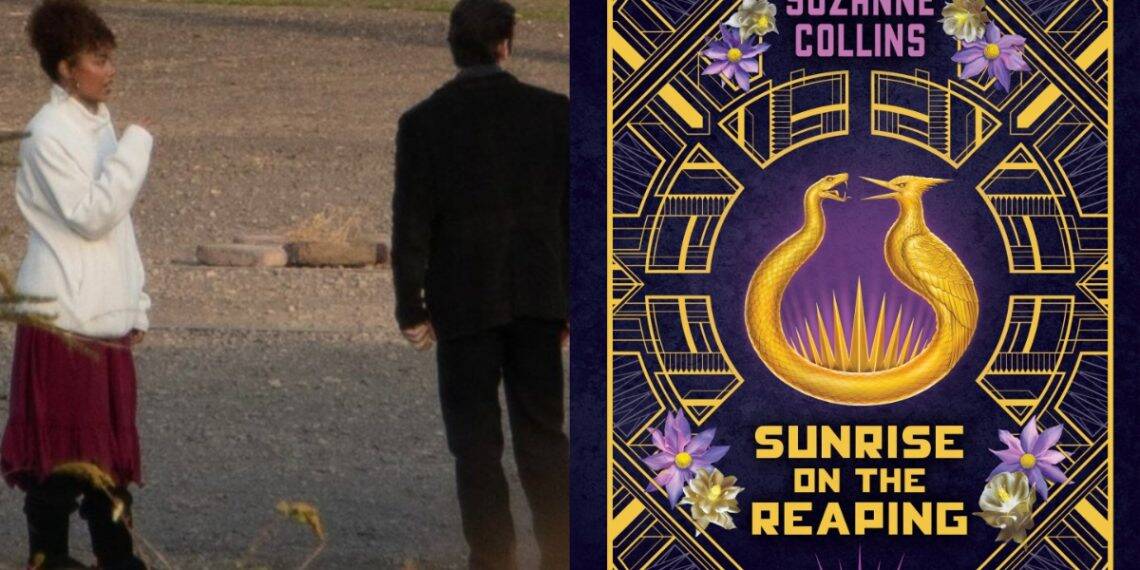 New set images from The Hunger Games: Sunrise on the Reaping reveal Whitney Peak as Lenore Dove and Scot Greenan as Burdock Everdeen, spotted filming between takes at Landschaftspark in Germany.