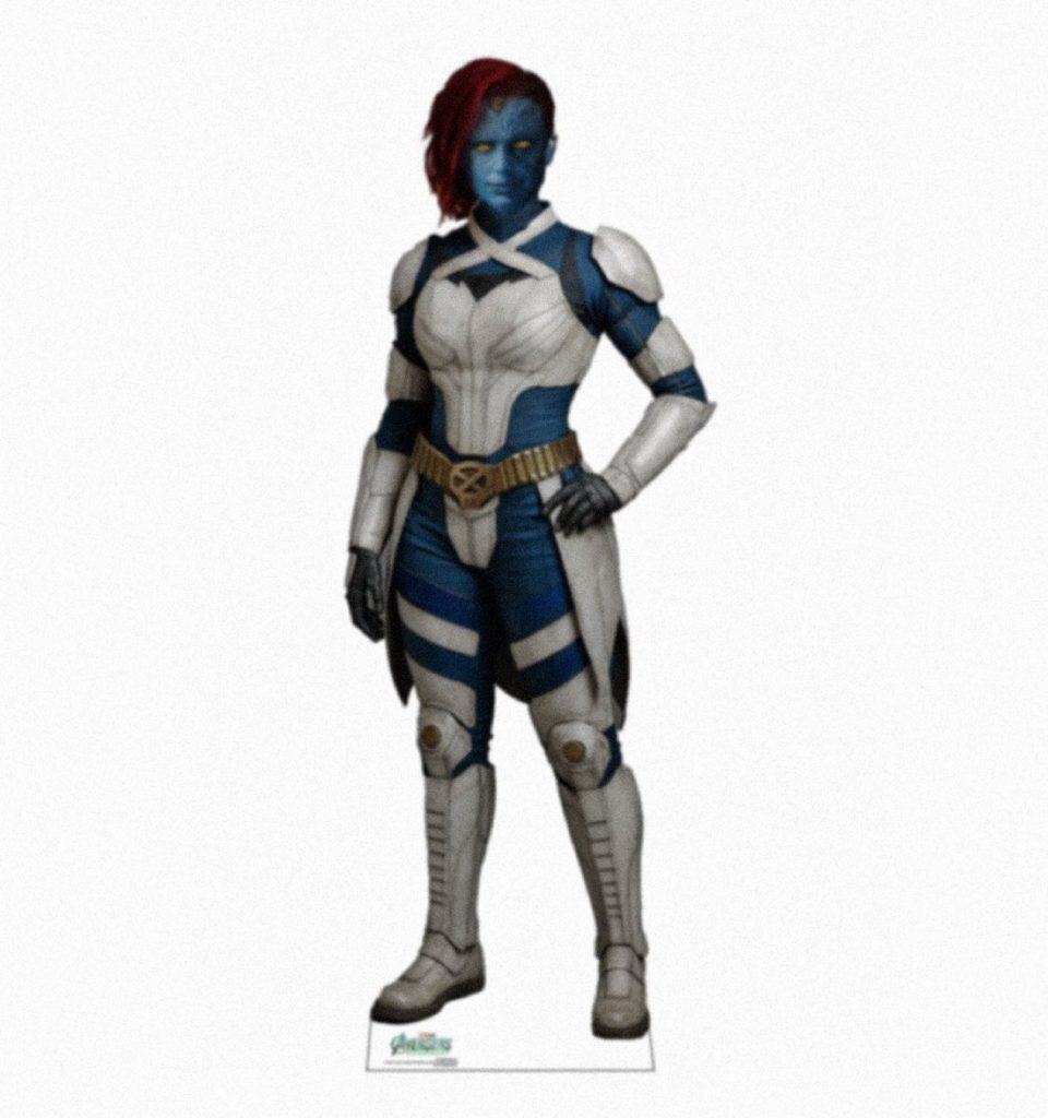 A leaked image reveals Rebecca Romijn’s Mystique in Avengers: Doomsday, wearing a blue and white tactical X-Men suit with a gold “X” belt.