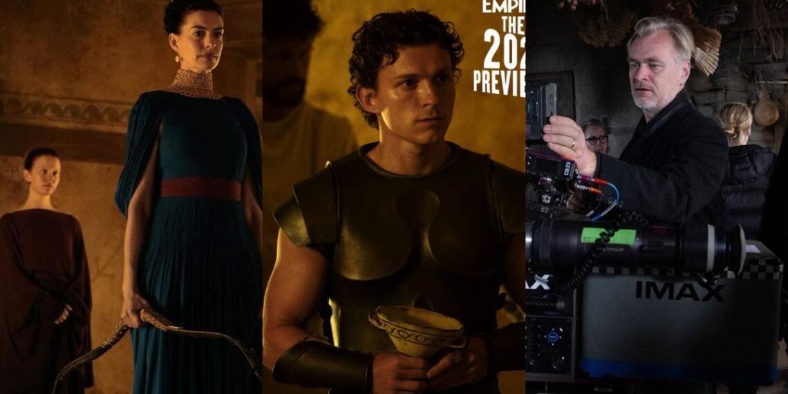 Exclusive first-look images from Christopher Nolan’s The Odyssey reveal Anne Hathaway as Penelope, Mia Goth as Melantho, and Tom Holland as Telemachus.