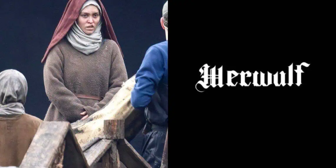 The first look at Lily-Rose Depp on the set of Robert Eggers’ Werwulf in Bourne Wood, England. Depp appears nearly unrecognizable in a gritty, medieval-inspired costume that reflects the film’s dark historical tone.