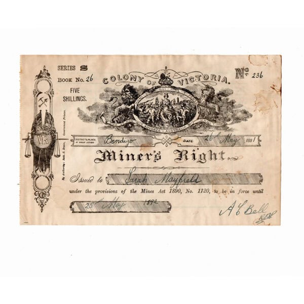 1891 'Colony of Victoria' Miner's Right Certificate
