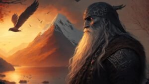 odin stands by a lake after stealing the mead of poetry