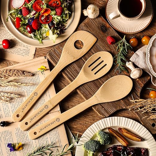 Wooden salad tongs with fresh vegetables and herbs on rustic table healthy meal prep eco friendly kitchen utensils sustainable cooking tools versatile kitchenware for nutritious meals