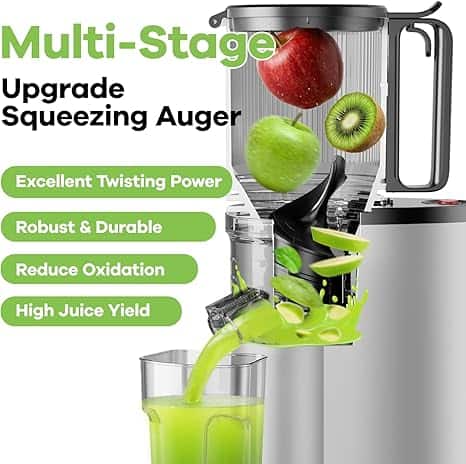 High quality multi stage juicing machine crushing and blending fresh fruits like apples strawberries and kiwis for nutritious smoothies and juices by Meals in Motion