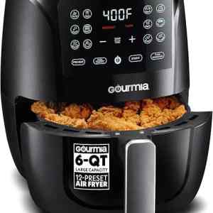 Crispy fried chicken in a Gourmia 6 quart large capacity air fryer with digital controls for healthy cooking options