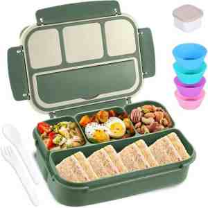 Assorted healthy meal prep lunch box with sandwiches salads boiled eggs and snacks for seniors and busy individuals Reusable divided container with colorful silicone bowls and utensils