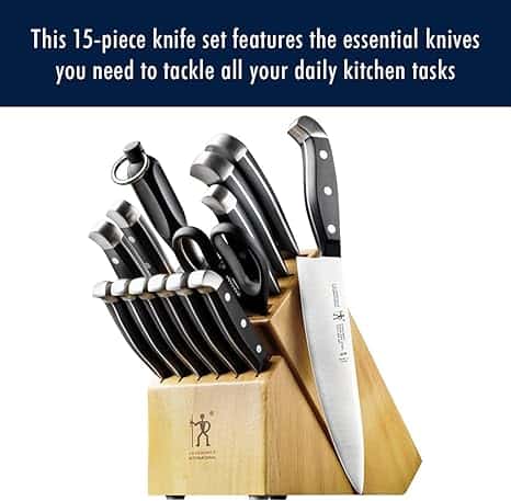 Sleek 15 piece knife set with essential kitchen knives for all cooking tasks displayed in a wooden block on Meals in Motion website