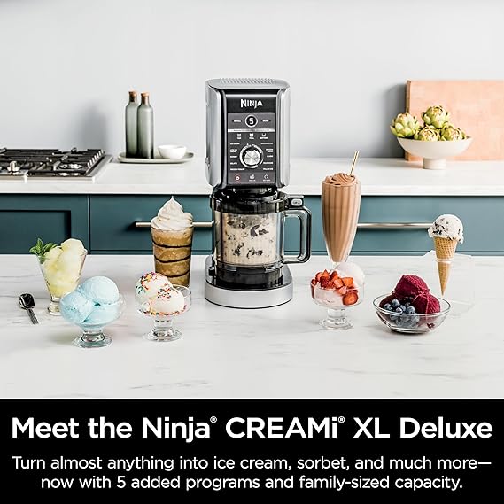 Ninja CREAM XL Deluxe ice cream maker with various frozen desserts and toppings showcasing home made ice cream creations for family enjoyment