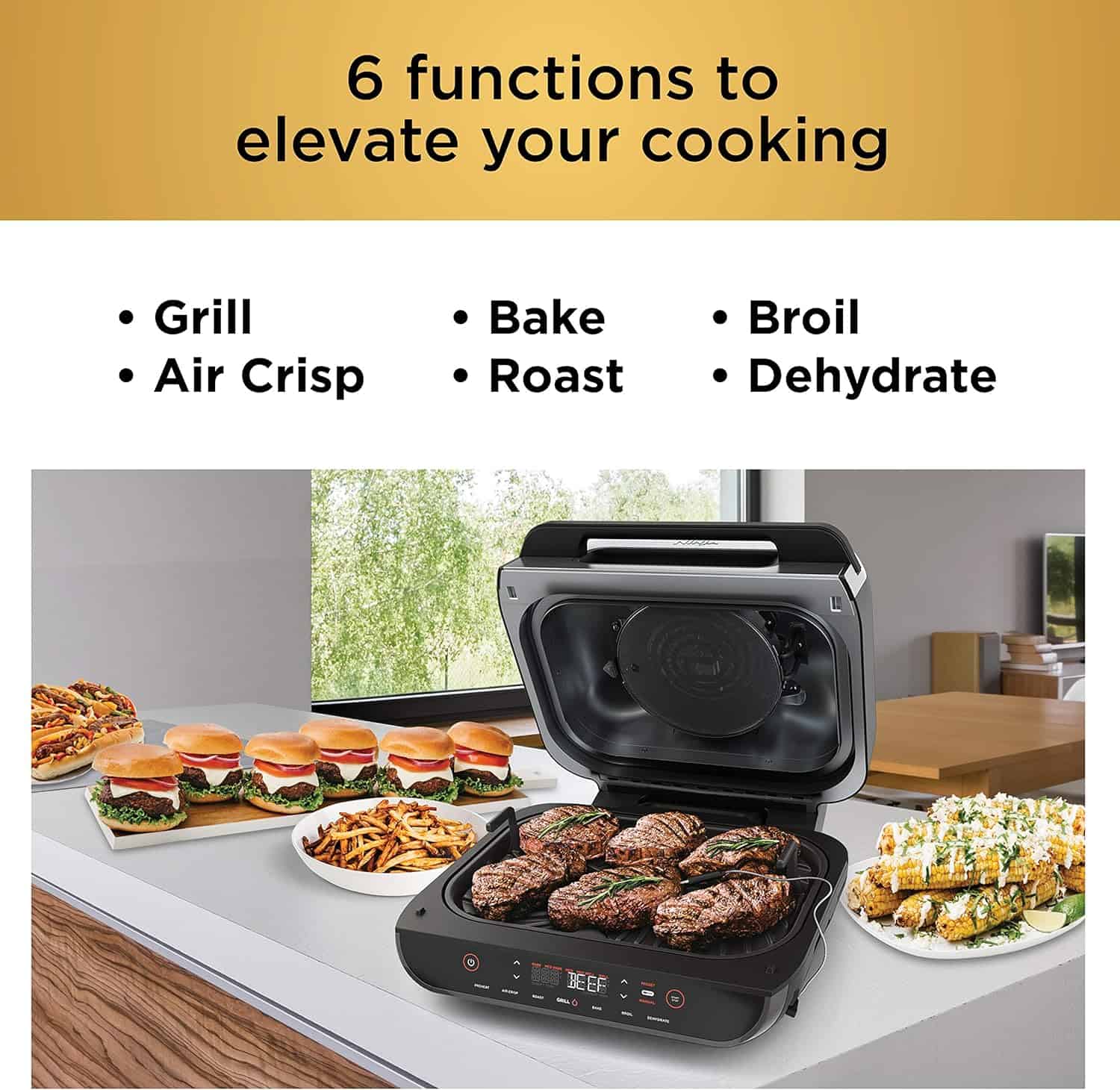 Grilling steak with an electric grill surrounded by sandwiches fries and corn on the cob showcasing versatile cooking functions like grilling baking broiling roasting air crisping and dehydrating