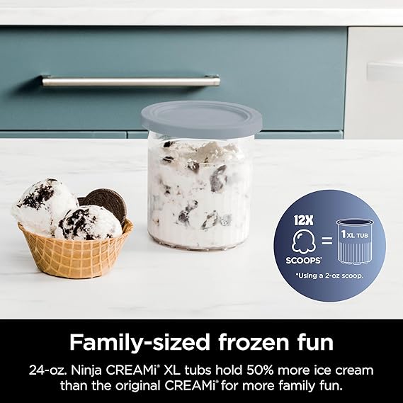Creamy ice cream in a waffle cone and a large container of frozen ice cream on a kitchen counter emphasizing family sized frozen treat options