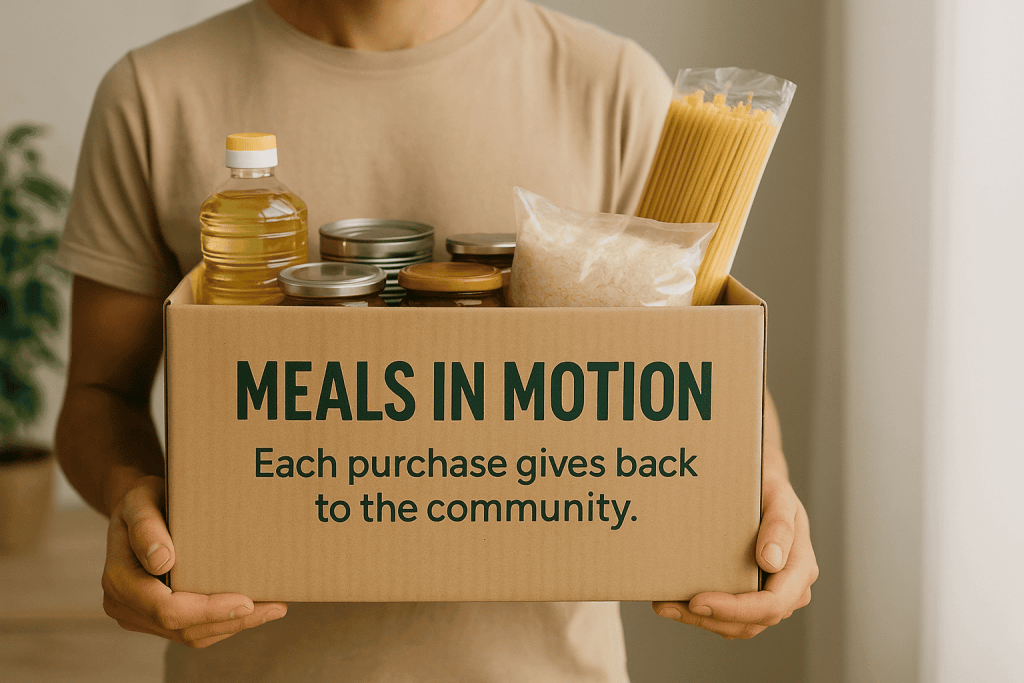 Fresh food donation box from Meals in Motion featuring canned goods pasta rice and oil supporting community nutrition and meal programs