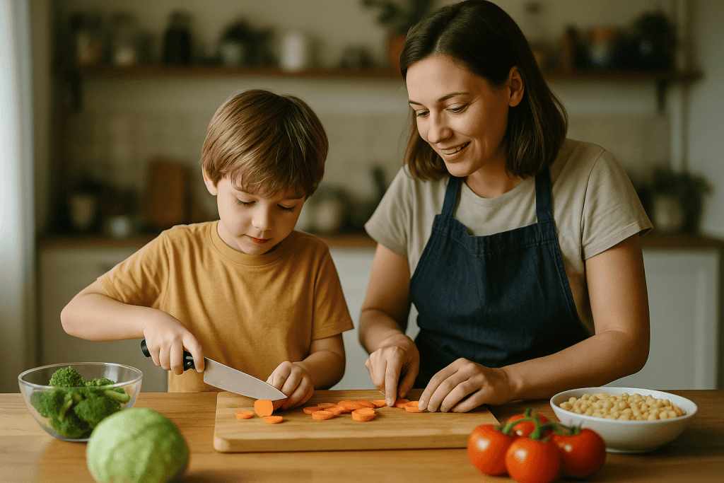 Organic vegetable preparation for healthy meals by mother and son in kitchen, emphasizing nutritious eating and family cooking.