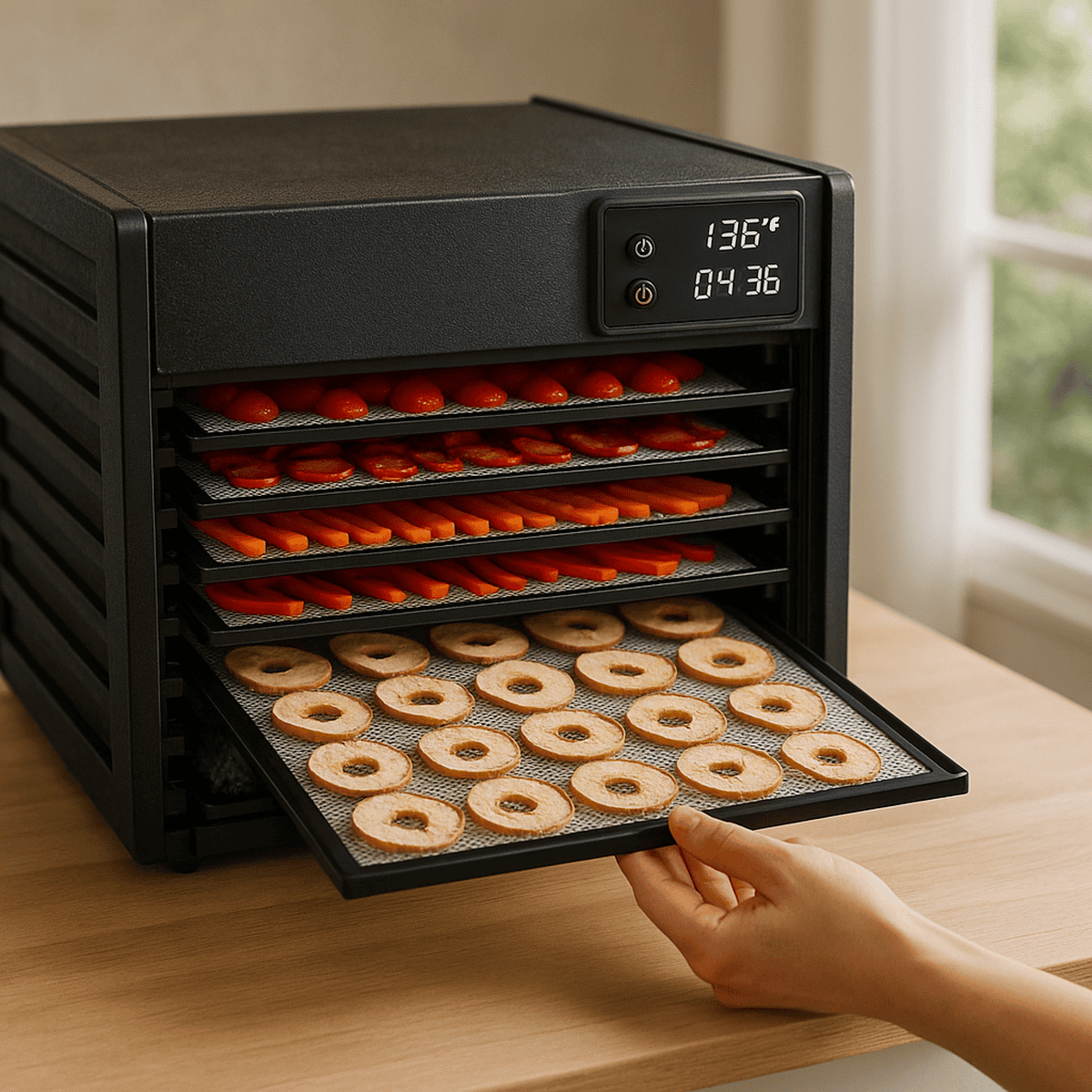Freshly prepared snacks in a food dehydrator ready for healthy meal delivery service by Meals in Motion