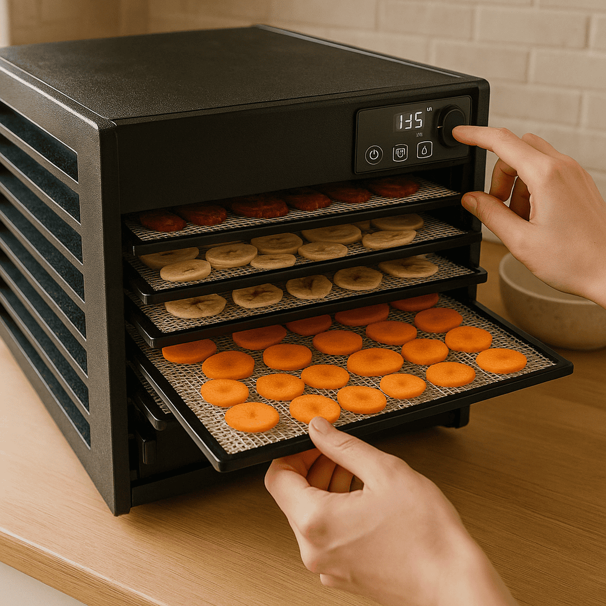 Warm food dehydrator with trays of colorful snacks healthy meal preservation and food drying for nutritious eating