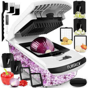 Slicing vegetables using an indoor electric slicer with various attachments for home cooking and meal preparation Perfect tool for slicing onions peppers garlic and more in the kitchen
