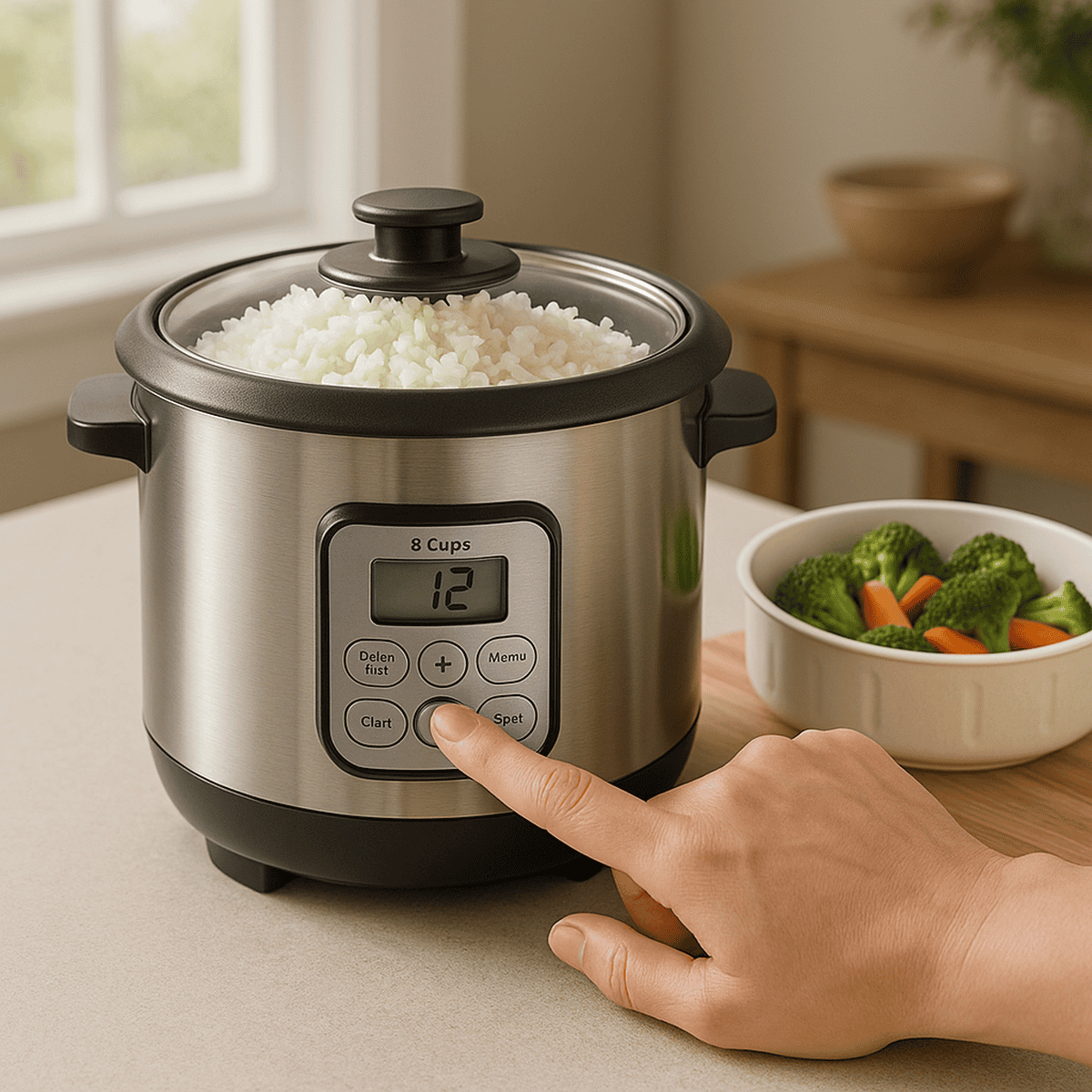 Cooked white rice in a rice cooker with a persons hand pressing a button alongside a bowl of steamed broccoli and carrots highlighting nutritious meals and convenient food delivery