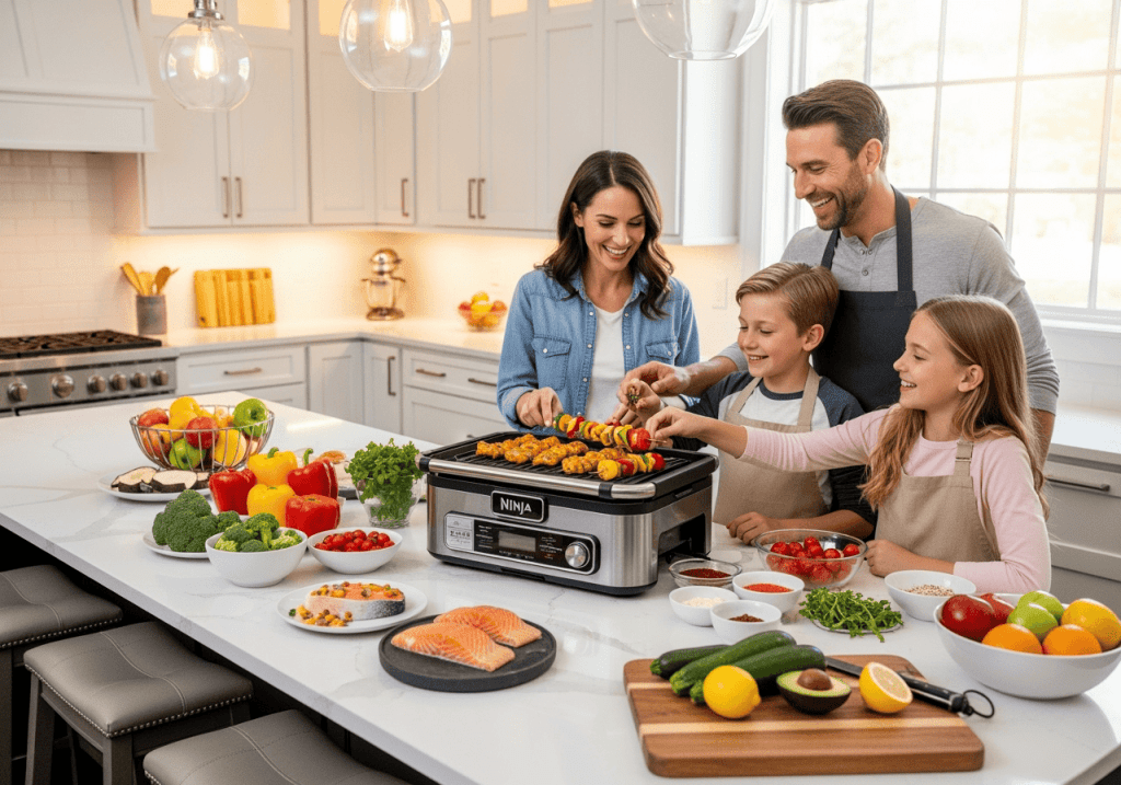 Fresh healthy family cooking with vegetables and grilled chicken on electric indoor grill during meal prep.