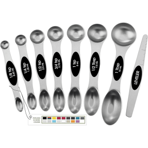 4 A set of stainless steel measuring spoons arranged from smallest to largest labeled with their respective measurements in teaspoons and tablespoons with a color chart for customization