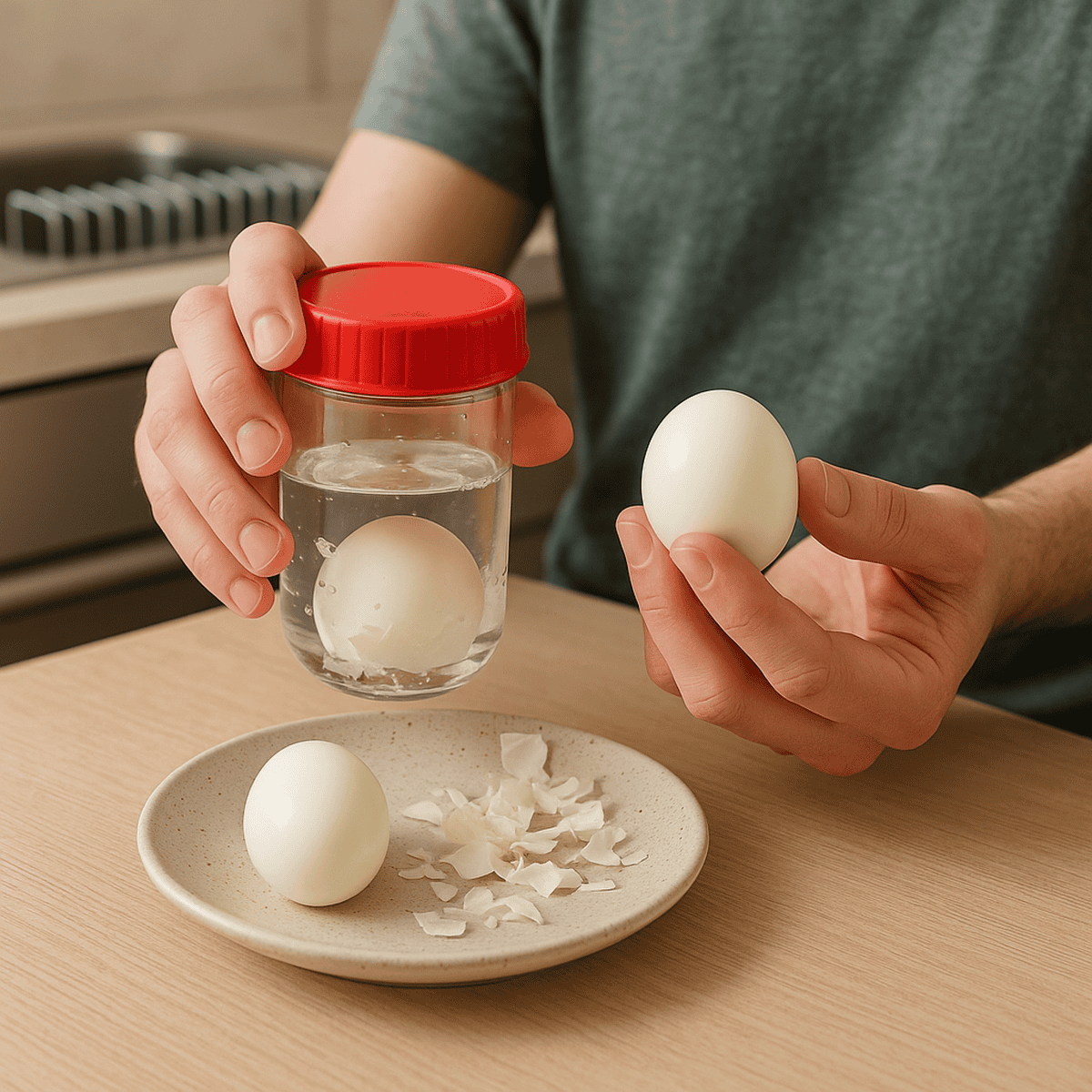 Freshly cooked eggs and water in a jar with peeled eggshells on a plate representing nutritious meal delivery services by Meals in Motion