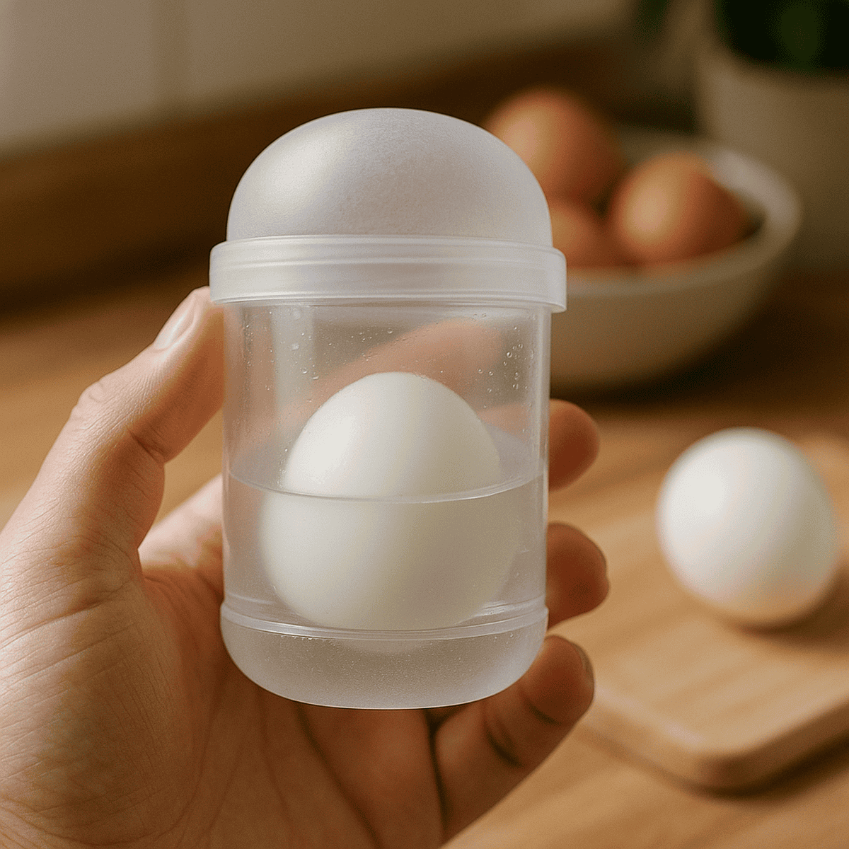 Egg in a clear container with water showing freshness and food prep