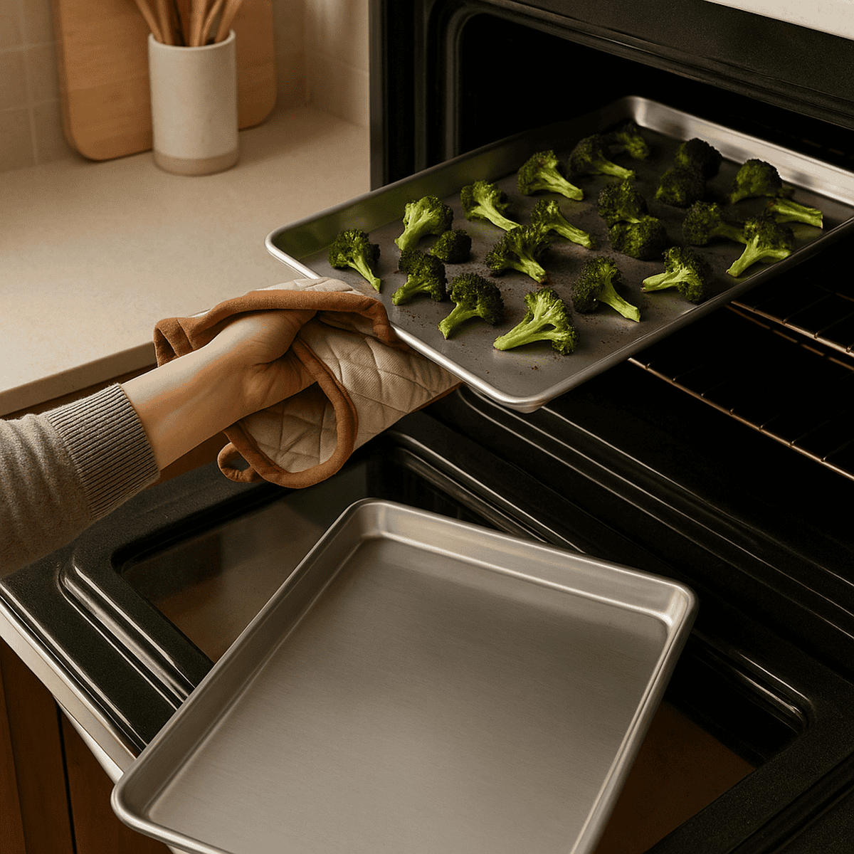 Broccoli florets being roasted in the oven on a baking sheet showcasing healthy meal prep and vegetarian options from Meals in Motion