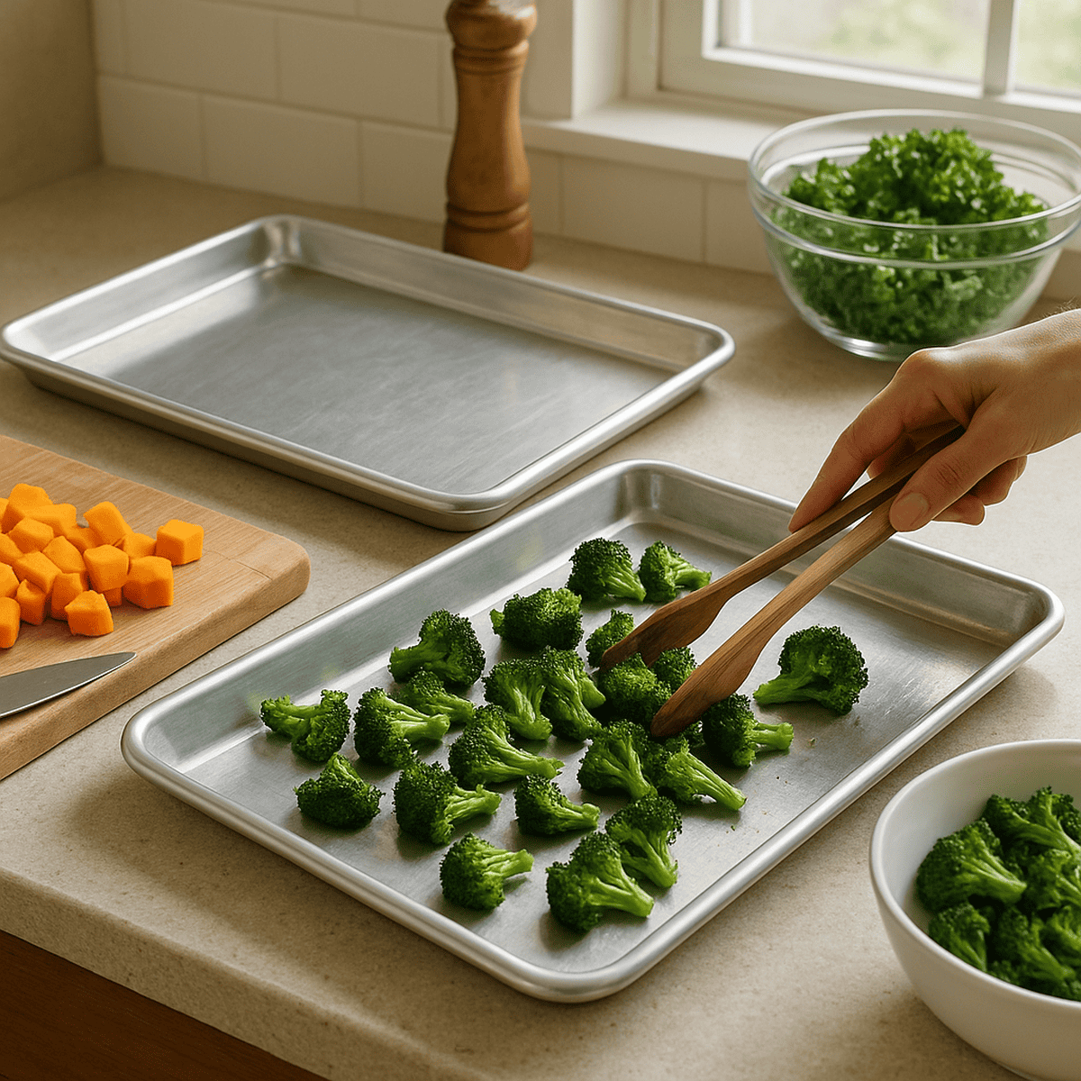Sliced broccoli being prepared on a baking sheet for healthy meal deliveries from Meals in Motion
