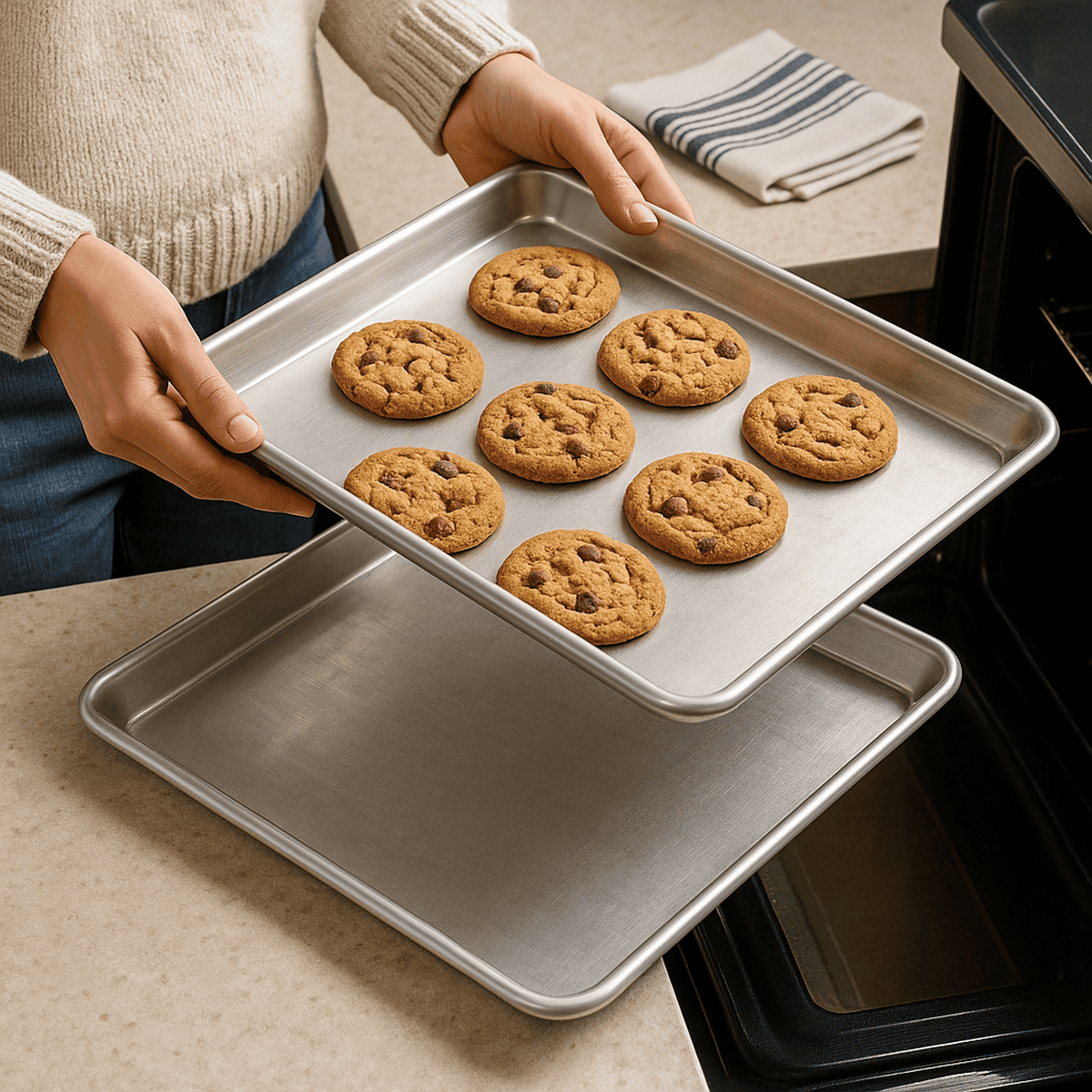 Soft chewy chocolate chip cookies cooling on a baking sheet freshly baked for meal delivery service nutritious meals in motion comfort food homemade cookies bakery treats quality ingredients baked goods