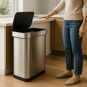 Disposal bin with open lid in modern kitchen, eco-friendly waste management, kitchen trash can, stainless steel trash bin for recycling and composting.