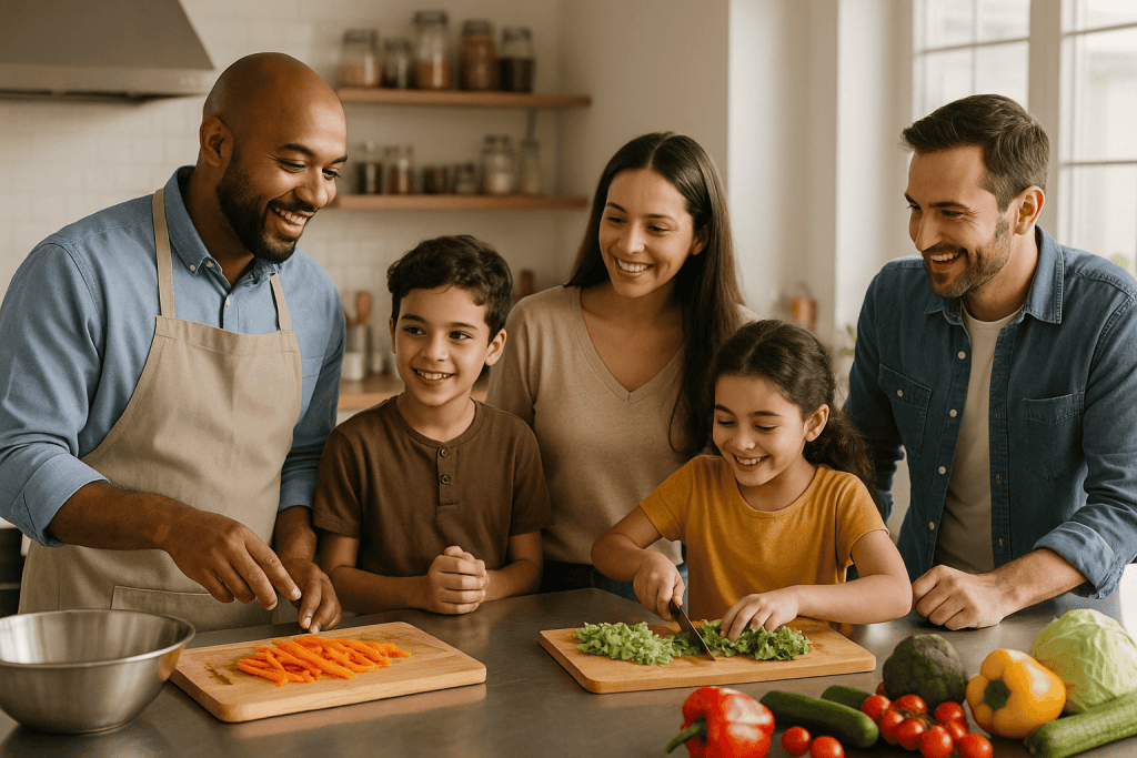Healthy meal preparation for families volunteer cooking with children farm fresh vegetables community cooking event nutritious family meal at home