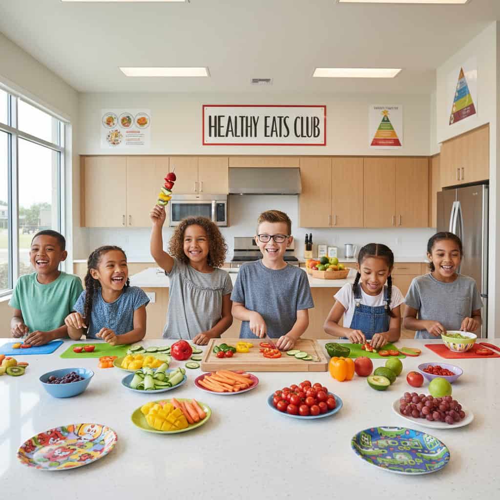Children making healthy after school snacks in a bright kitchen