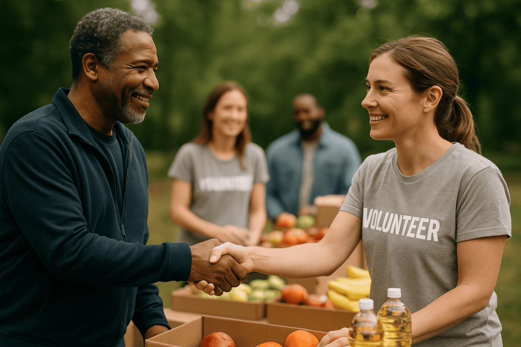 Generous greeting during volunteer work for Meals in Motion supporting hunger relief and community outreach programs smiling volunteers shaking hands outdoors