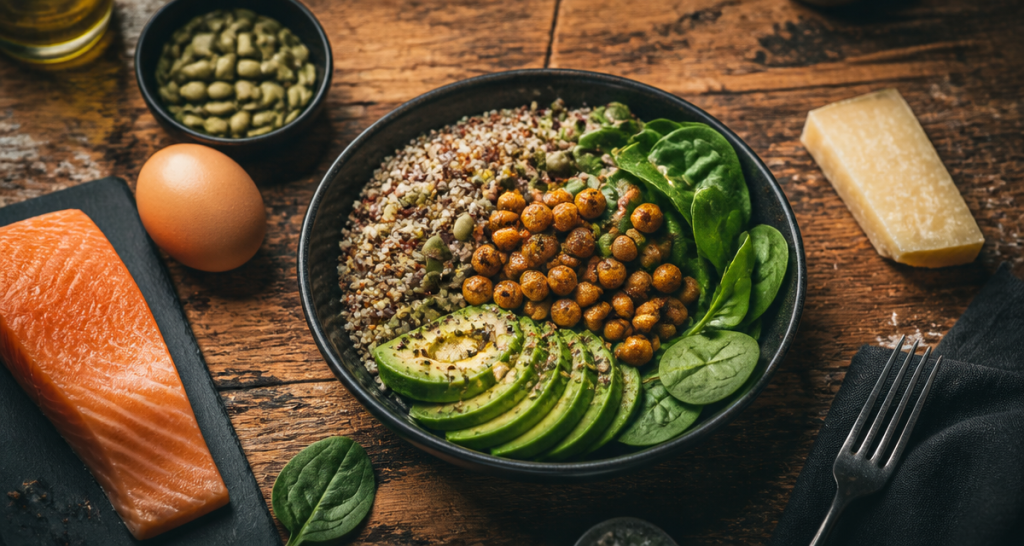 aliments et acides amines bol quinoa oeuf saumon parmesan