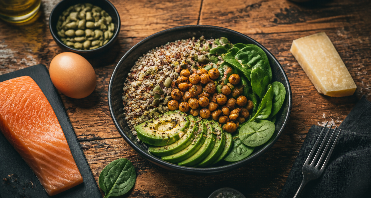 aliments et acides amines bol quinoa oeuf saumon parmesan