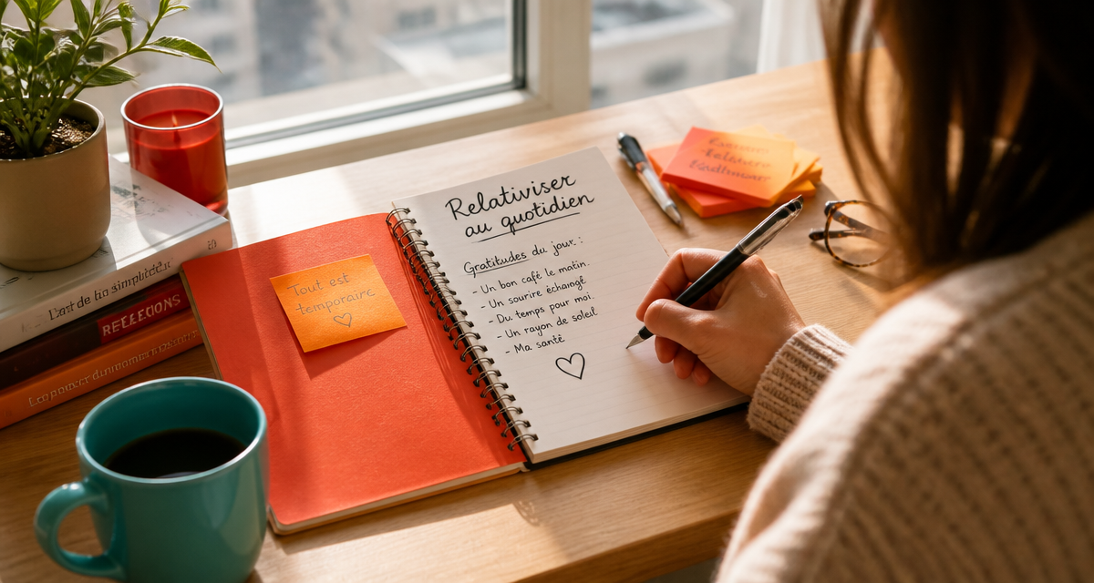 apprendre à relativiser carnet de gratitude mug vert