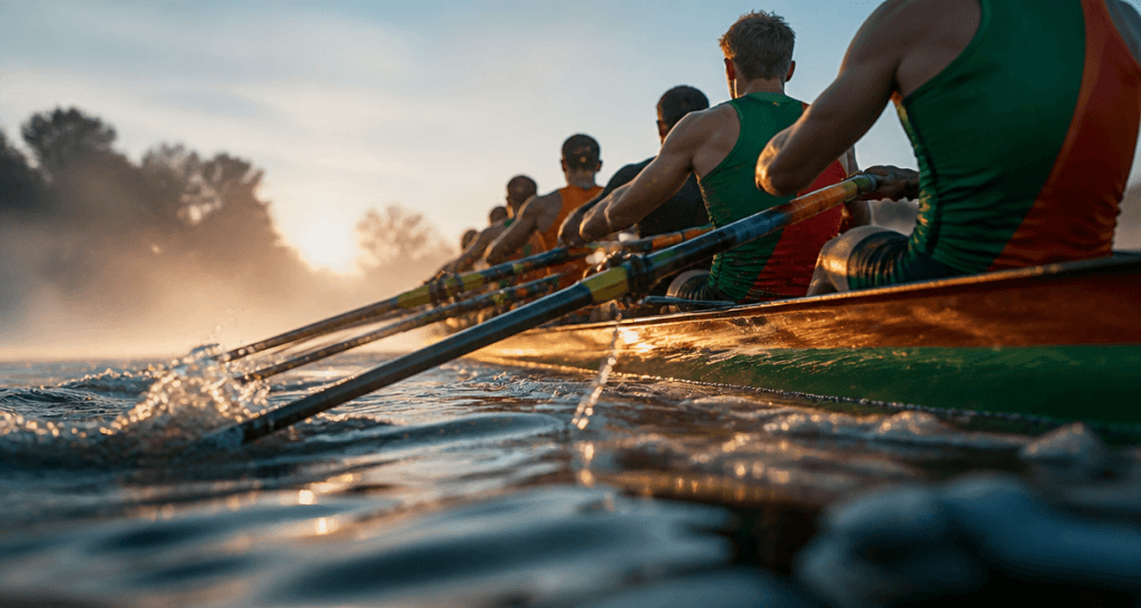 Aviron sport équipe huit sur rivière brumeuse