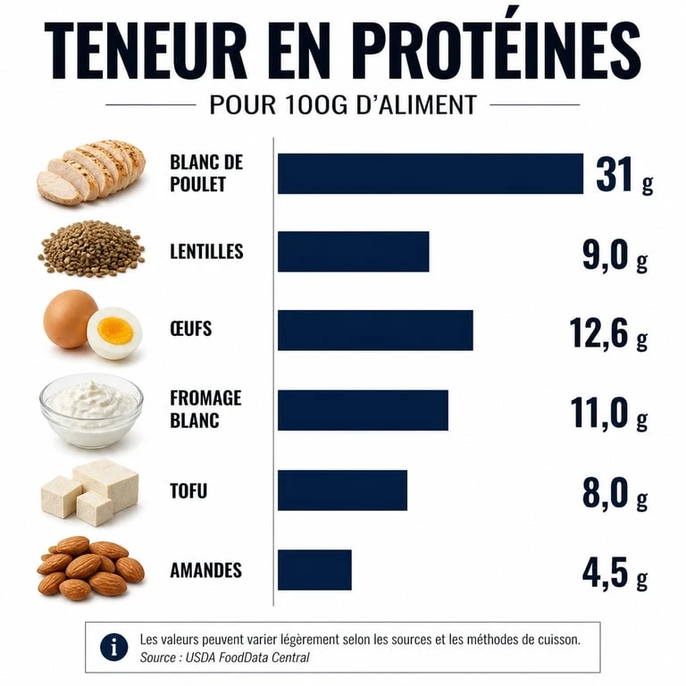 Infographie comparant la teneur en protéines de différentes sources alimentaires pour mieux manger plus de protéines