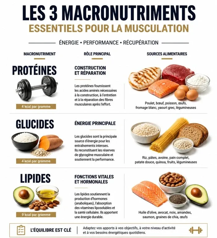 Infographie nutrition pour la musculation : rôles des protéines, glucides et lipides