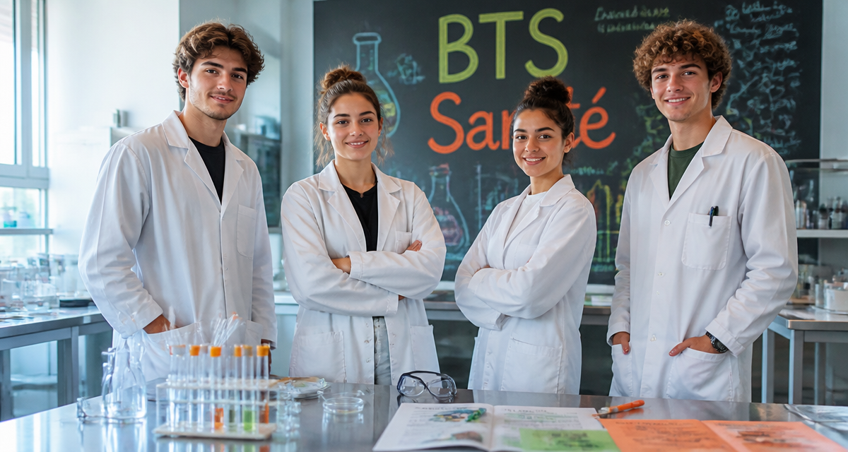 Jeunes en BTS dans la santé en blouse devant matériel de laboratoire